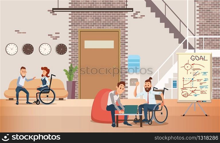 Disabled People Self-Realization and Job Opportunities Trendy Flat Vector Concept with Man in Wheelchair, Handicapped Company Employee, Working in Coworking Office with Colleagues Illustration