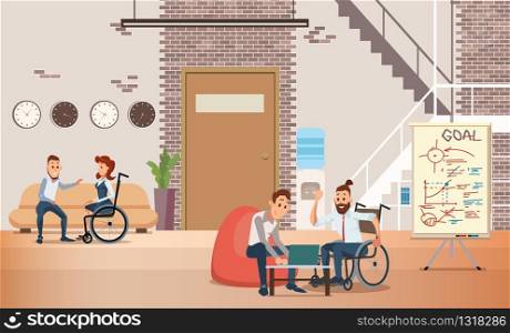 Disabled People Self-Realization and Job Opportunities Trendy Flat Vector Concept with Man in Wheelchair, Handicapped Company Employee, Working in Coworking Office with Colleagues Illustration