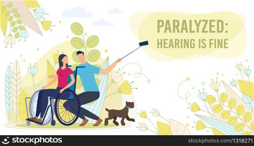 Disabled People Social Equality and Friendly Support Trendy Flat Vector Banner, Poster Template. Paralyzed Lady on Wheelchair, Woman with Disabilities Resting Outdoors with Friend and Dog Illustration