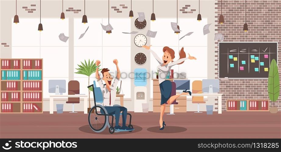 Disabled People Successful Business Career Trendy Flat Vector Concept. Happy, Excited Man in Wheelchair Yelling with Joy, Celebrating Achievement in Work with Female Colleague in Office Illustration