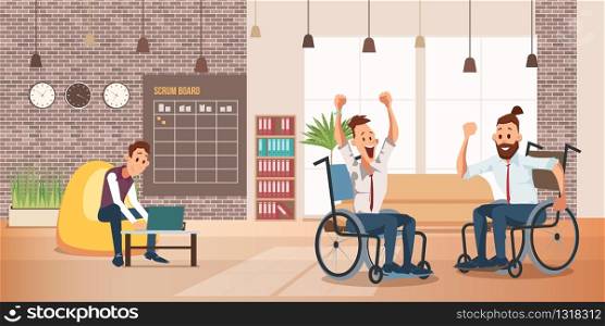 Disabled People Successful Work and High Results in Business Trendy Flat Vector Concept Two Happy Businessmen, Employees in Wheelchair Yelling with Joy, Celebrating Success in Office Illustration