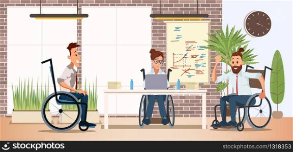 Disabled People Teamwork and Cooperation in Work Trendy Flat Vector Concept with Men and Woman, Female, Male Employees in Wheelchairs Working Together in Office, Planning Project Illustration
