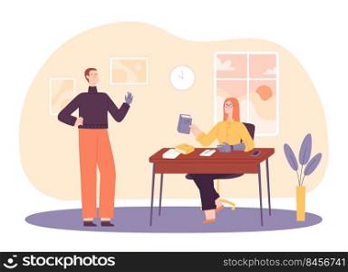 Disabled people teamwork. Woman and man colleagues having arm prosthesis working in office. Employee giving book, inclusive workplace with workers having disabilities vector illustration. Disabled people teamwork. Woman and man colleagues having arm prosthesis working in office. Employee giving book