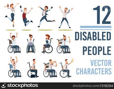 Disabled People Trendy Flat Vector Characters Set Isolated on White Background. Happy and Joyful Men and Woman with Disabilities Sitting in Wheelchair, Jumping with Leg Robotic Prosthesis Illustration