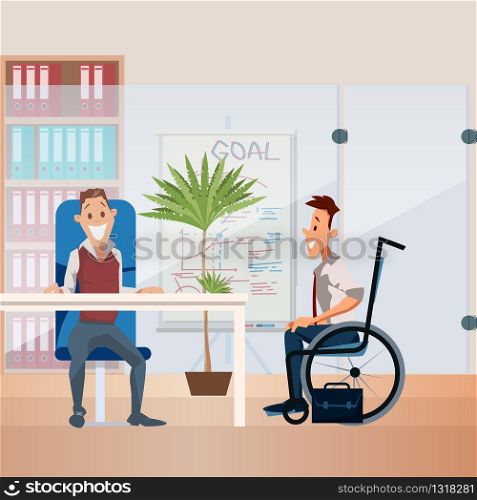 Disabled Person Employment Trendy Flat Vector Concept. Company Human Resources Manager, Boss Talking with Vacancy Candidate in Wheelchair, Having Job Interview with Applicant in Office Illustration
