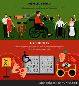 Disabled person flat banner set with disabled people and birth defects headlines vector illustration. Disabled Person Flat Banner Set