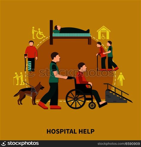 Disabled person flat composition with hospital help headline and assistants for people with disabilities vector illustration. Disabled Person Flat Composition