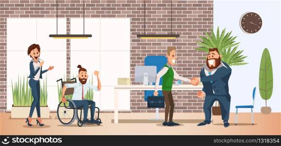 Disabled Person Full Life and Professional Realization Trendy Flat Vector Concept. Man in Wheelchair, Male Company Employee Congratulating Colleague with Job Promotion, Career Success Illustration