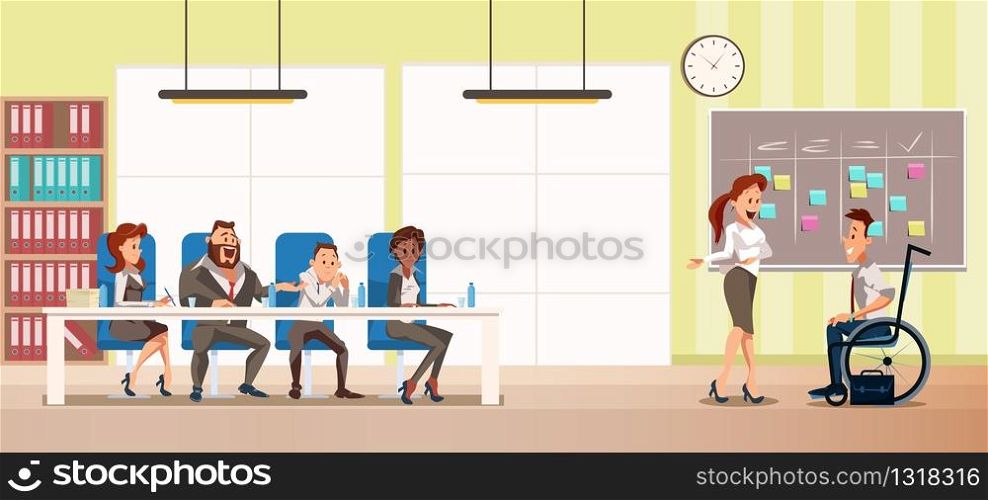 Disabled Person Job Interview Trendy Flat Vector Concept with Female Secretary Welcoming Man in Wheelchair, Inviting on Conversation with HR Managers Team or Company CEOs in Meeting Room Illustration