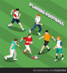 Disabled Person Playing Soccer Isometric Illustration. Disabled person with prosthetic limbs playing soccer with healthy people on green textured background isometric vector illustration