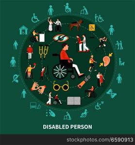 Disabled person round composition with different types of disease combined in big circle vector illustration. Disabled Person Round Composition