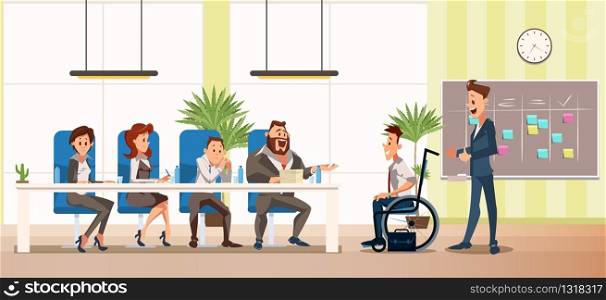 Disabled Person Successful Employment Trendy Flat Vector Concept with Company HR Managers Team, Boss Congratulating Man in Wheelchair with Successful Job Interview and Candidate Approval Illustration