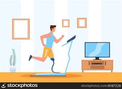 Disabled person with prosthetic leg runs on treadmill in house isolation. Sportsman jogging. Healthy lifestyle. training indoors cartoon flat style isolated illustration. Vector rehabilitation concept. Disabled person with prosthetic leg runs on treadmill in house isolation. Sportsman jogging. Healthy lifestyle. training indoors cartoon flat illustration. Vector rehabilitation concept