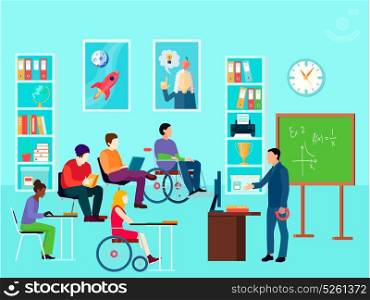 Disabled Persons Education Composition. Education classroom disabilities composition with disabled students and teacher with wallpaper posters and furniture faceless characters vector illustration