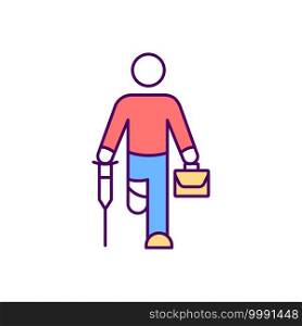 Disabled persons in workplace RGB color icon. Employees with disabilities. Mental, physical impairment. Disability discrimination. Reaching employment goals. Isolated vector illustration. Disabled persons in workplace RGB color icon