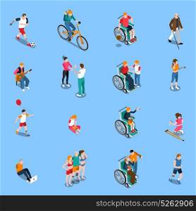 Disabled Persons Isometric Set. Disabled persons isometric set with adults and kids in different activities including sports music isolated vector illustration
