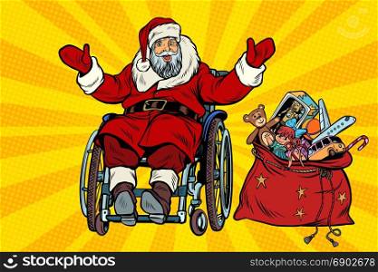 disabled Santa Claus is in a wheelchair, Christmas gifts and New year. Pop art retro vector illustration. disabled Santa Claus is in a wheelchair, Christmas gifts