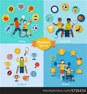 Disabled sport design concept set with training competition champions record flat icons isolated vector illustration