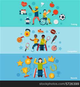 Disabled sports flat horizontal banners set with training competition records isolated vector illustration