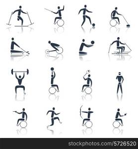 Disabled sports icons black set with handicapped athletes skiing cycling powerlifting isolated vector illustration