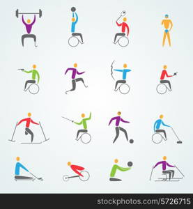 Disabled sports icons set with invalid athletes competition symbols isolated vector illustration