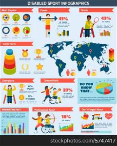 Disabled sports infographics set with playing people charts and world map vector illustration