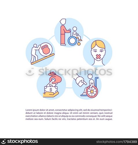 Disabled trafficking victims concept line icons with text. PPT page vector template with copy space. Brochure, magazine, newsletter design element. Human trade linear illustrations on white. People with disabilities suffer from human trade concept line icons with text
