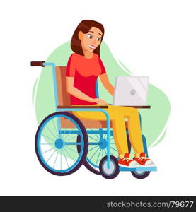 Disabled Woman Person Working Vector. Woman Sitting In Wheelchair. Disabled And Recovering. Flat Cartoon Illustration. Disabled Woman Working Vector. Socialization Concept. Wheelchair With Person. Isolated Flat Cartoon Character Illustration