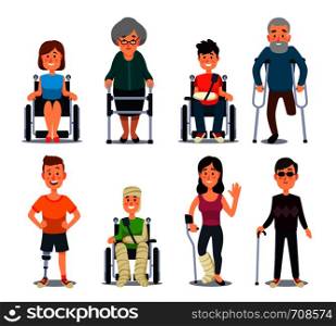 Disablement person. Smile young blind disability people and elderly on crutches or wheelchair. Disabled man and woman patient handicapped character for medical isolated on white vector background flat. Disablement person. Blind disability people and elderly on crutches or wheelchair. Disabled character for medical vector background