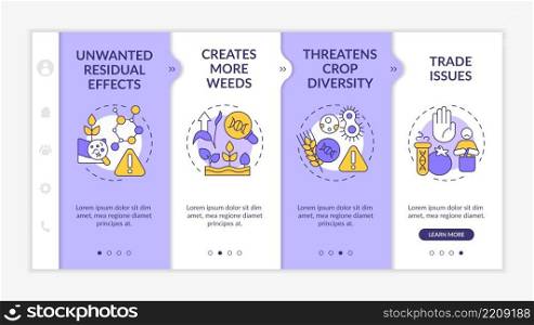 Disadvantages of gmo purple and white onboarding template. Food issues. Responsive mobile website with linear concept icons. Web page walkthrough 4 step screens. Lato-Bold, Regular fonts used. Disadvantages of gmo purple and white onboarding template
