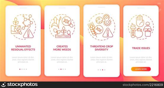 Disadvantages of gmo red gradient onboarding mobile app screen. Walkthrough 4 steps graphic instructions pages with linear concepts. UI, UX, GUI template. Myriad Pro-Bold, Regular fonts used. Disadvantages of gmo red gradient onboarding mobile app screen