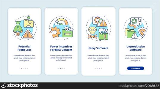 Disadvantages of online piracy onboarding mobile app page screen. Risky software walkthrough 4 steps graphic instructions with concepts. UI, UX, GUI vector template with linear color illustrations. Disadvantages of online piracy onboarding mobile app page screen