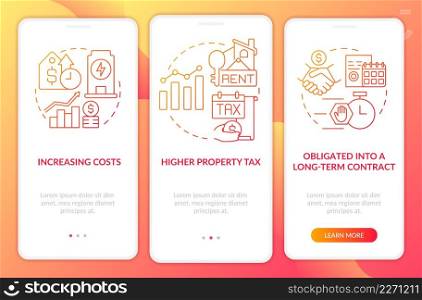 Disadvantages of PPA red gradient onboarding mobile app screen. Deal walkthrough 3 steps graphic instructions pages with linear concepts. UI, UX, GUI template. Myriad Pro-Bold, Regular fonts used. Disadvantages of PPA red gradient onboarding mobile app screen