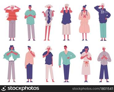 Disagree people negative rejection gesture signs expressions. Sign language disagree characters vector illustration set. People with stop or disagree gestures. Denial or refusal reaction. Disagree people negative rejection gesture signs expressions. Sign language disagree characters vector illustration set. People with stop or disagree gestures