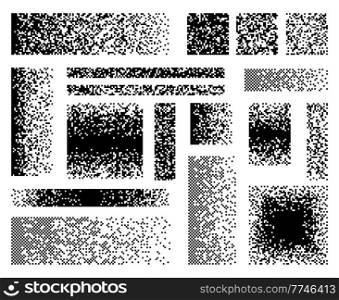 Disappear square pixel mosaic pattern. Fade and dissolve shape vector backgrounds. Digital disperse of halftone pixel gradient, disappearing rectangles texture and transform effect of broken particles. Disappear square pixel mosaic pattern of dissolve