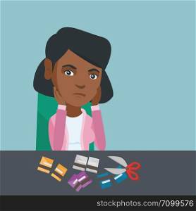 Disappointed african-american business woman cutting credit cards with scissors. Young depressed woman sitting at the table with cut credit cards. Vector cartoon illustration. Square layout.. Young african-american woman cutting credit cards.