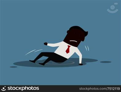 Disappointed african american businessman fell and sitting in a puddle. For business failure concept theme design, cartoon flat style. Sad businessman sitting in a puddle