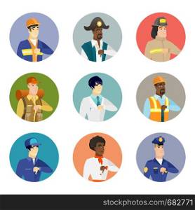 Disappointed african-american pirate with thumb down. Pirate showing thumb down. Young pirate with his thumb down. Set of vector flat design illustrations in the circle isolated on white background.. Vector set of characters of different professions.