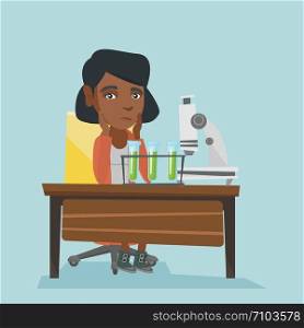 Disappointed african-american student carrying out experiment in laboratory class. Young student clutching head after failed experiment in chemistry class. Vector cartoon illustration. Square layout.. African student working in laboratory class.