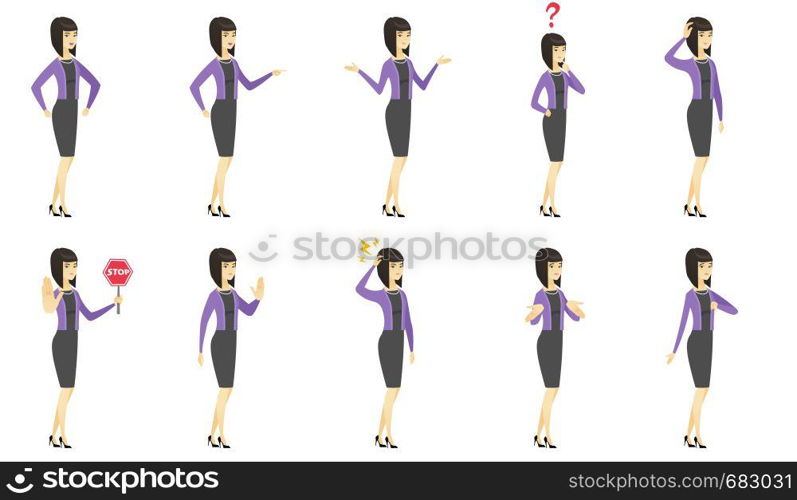 Disappointed asian business woman with thumb down. Sad business woman showing thumb down. Young business woman with her thumb down. Set of vector flat design illustrations isolated on white background. Vector set of illustrations with business people.