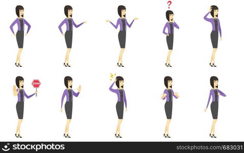 Disappointed asian business woman with thumb down. Sad business woman showing thumb down. Young business woman with her thumb down. Set of vector flat design illustrations isolated on white background. Vector set of illustrations with business people.