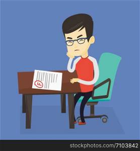 Disappointed asian student disappointed test with F grade. Sad student looking at test paper with bad mark. Student dissatisfied with the test results. Vector flat design illustration. Square layout.. Sad student looking at test paper with bad mark.