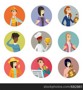 Disappointed caucasian builder with thumb down. Female builder showing thumb down. Set of different professions. Set of vector flat design illustrations in the circle isolated on white background.. Vector set of characters of different professions.