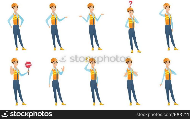 Disappointed caucasian builder with thumb down. Full length of female builder showing thumb down. Young builder with thumb down. Set of vector flat design illustrations isolated on white background.. Vector set of builder characters.