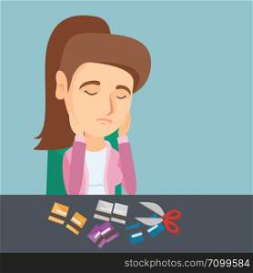 Disappointed caucasian business woman cutting credit cards with scissors. Young depressed woman sitting at the table with cut credit card. Vector cartoon illustration. Square layout.. Young caucasian woman cutting credit cards.