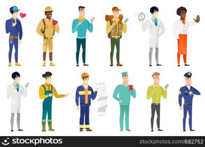 Disappointed caucasian policeman with thumb down. Full length of policeman showing thumb down. Young policeman with his thumb down. Set of vector flat design illustrations isolated on white background. Vector set of professions characters.