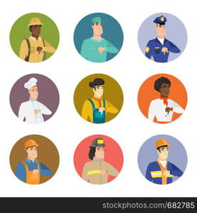 Disappointed caucasian policeman with thumb down. Sad policeman showing thumb down. Young policeman with thumb down. Set of vector flat design illustrations in the circle isolated on white background.. Vector set of characters of different professions.