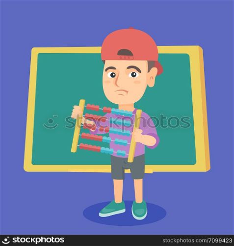 Disappointed caucasian schoolboy standing with abacus in hands on the background of blackboard in classroom. little upset boy studying with abacus. Vector cartoon illustration. Square layout.. Boy with abacus on the background of blackboard.