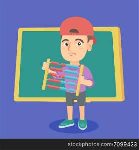Disappointed caucasian schoolboy standing with abacus in hands on the background of blackboard in classroom. little upset boy studying with abacus. Vector cartoon illustration. Square layout.. Boy with abacus on the background of blackboard.