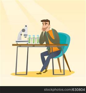 Disappointed caucasian student carrying out experiment in chemistry class. Hipster student clutching head after failed experiment in chemistry class. Vector flat design illustration. Square layout.. Student working at laboratory class.